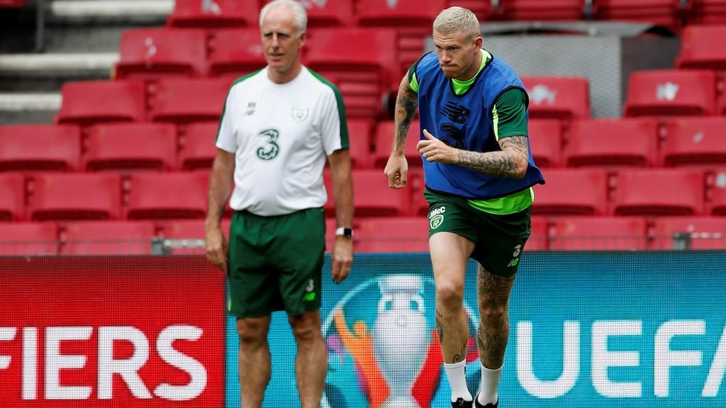 Ireland’s James McClean and manager Mick McCarthy during training ahead of their Euro 2020 qualifier clash with Denmark. Photograph: Lee Smith/Reuters