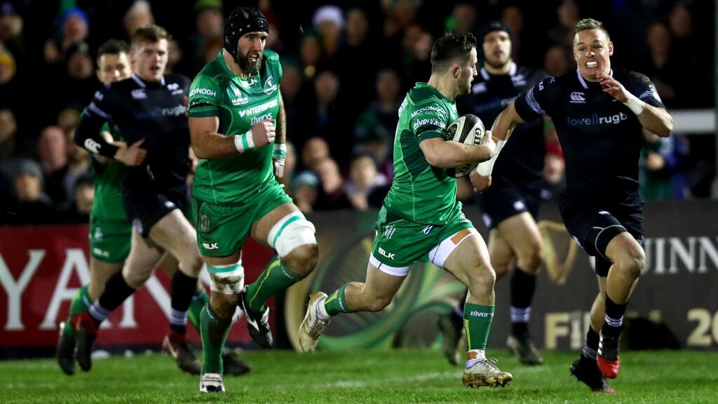 Connacht’s Caolin Blade makes a break during their Pro14 meeting with Ospreys. Photo: James Crombie/Inpho