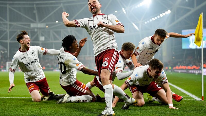 Sports Feature 1st – Keith Ward of Bohemians celebrates his side’s first goal, scored by Rory Feely, during the FAI Cup Final match. Photograph: Eoin Noonan/Sportsfile