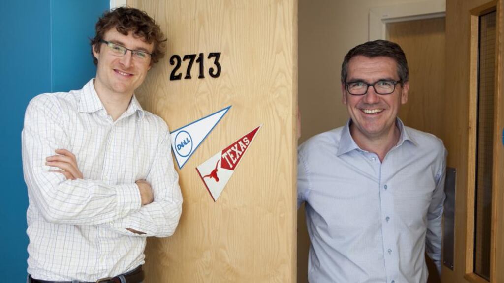 Web Summit founder Paddy Cosgrave and Dell’s president of EMEA  Aongus Hegarty outside the door of Room 2713 - the dorm room where Dell began. The PC giant will recreate the university dorm room at this year’s Web Summit.