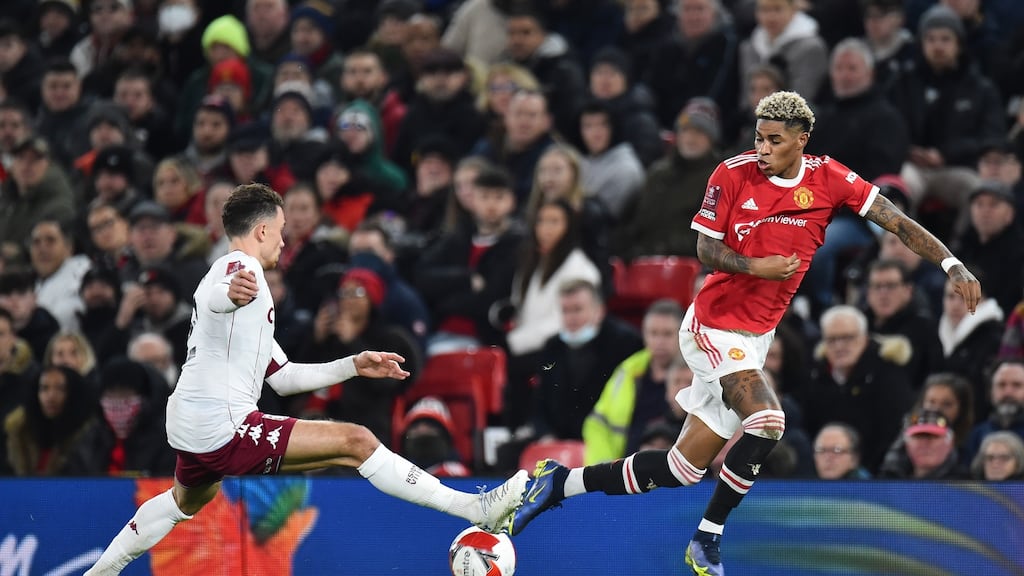 Manchester United’s Marcus Rashford in action during the English FA Cup third round soccer victory over Aston Villa at Old Trafford. Photograph: Peter Powell/EPA