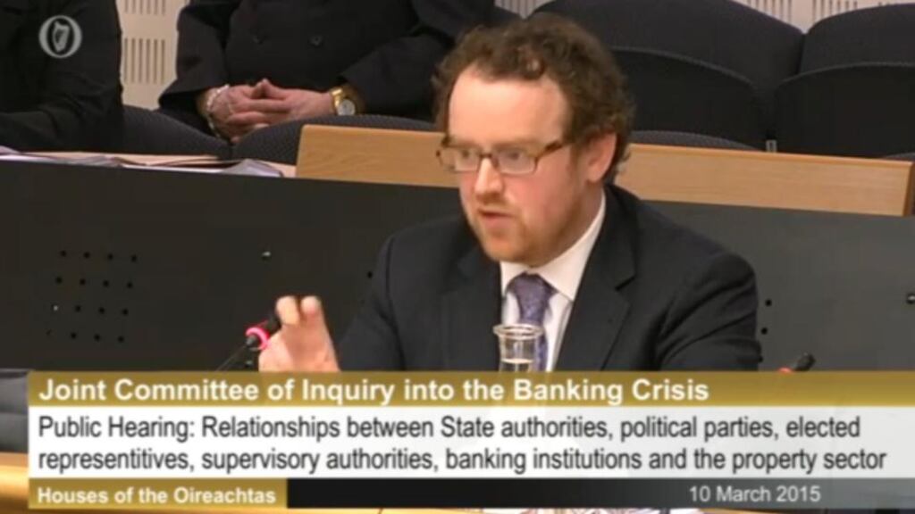Irish Times Washington Correspondent appearing before the Banking Inquiry in Dublin on Tuesday evening. Screengrab: Oireachtas TV