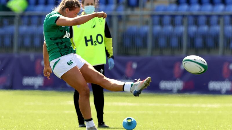 Stacey Flood kicks a a penalty. Photo: Billy Stickland/Inpho