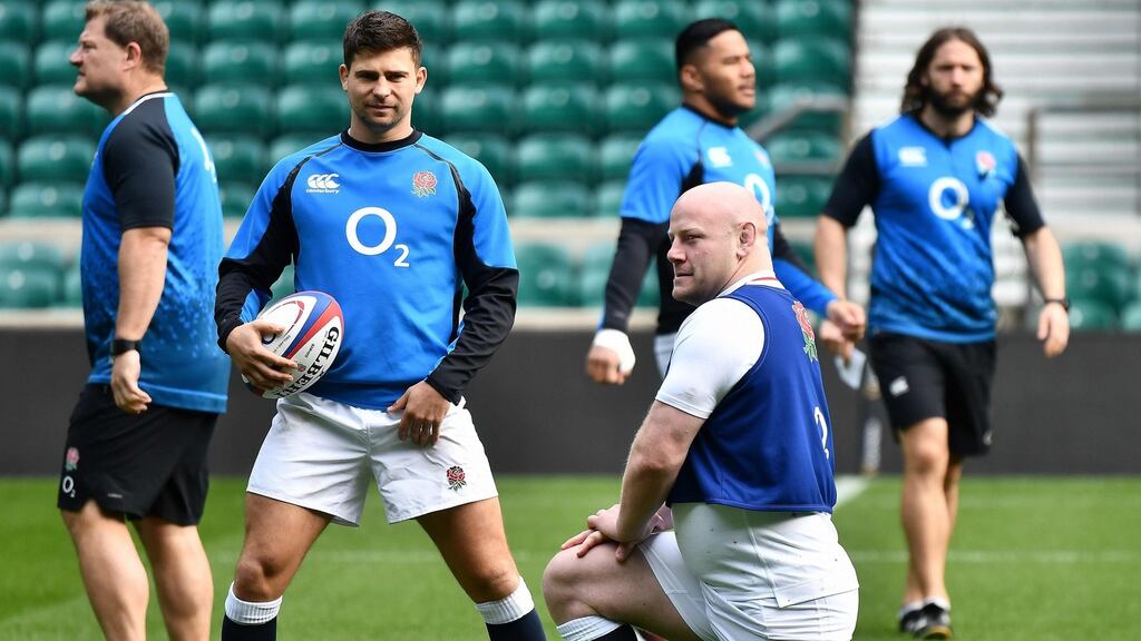 England’s scrum-half Ben Youngs (second left) and Dan Cole during a training session at Twickenham in London. Photograph: Getty Images