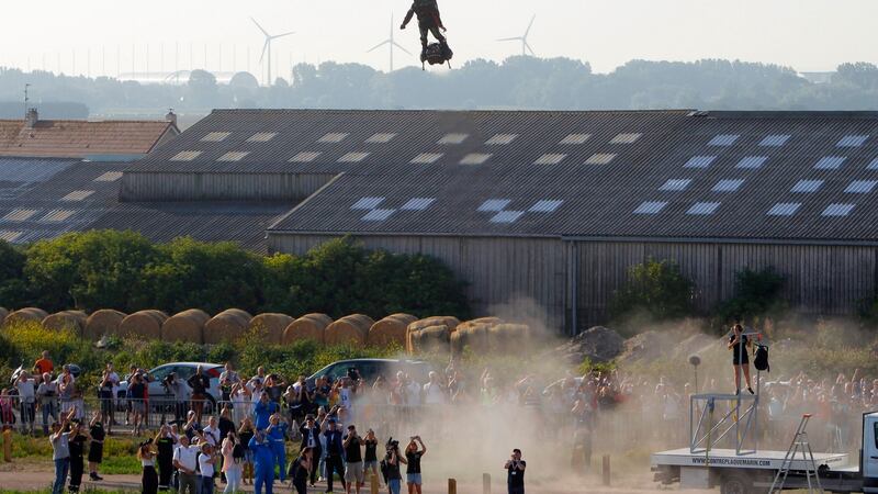 Zapata takes to the air in Sangatte, northern France, at the start of his attempt to cross the Channel. Photograph: AP