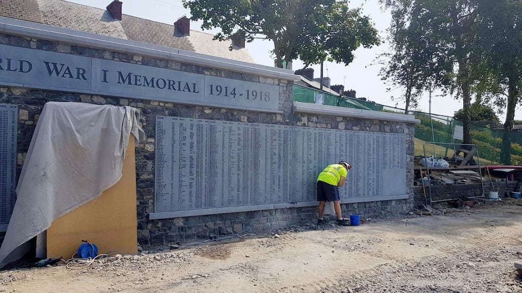 Putting the finishing touches to the war memorial in Kilkenny ahead of its unveiling on Sunday. Photograph: James Burke
