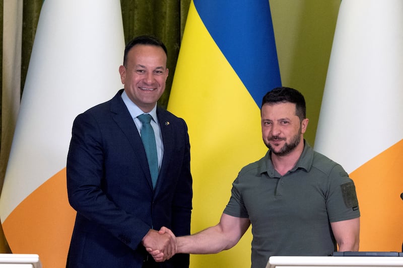 Taoiseach Leo Varadkar shakes hands with Ukraine's president Volodymyr Zelensky ahead of a joint news briefing at Horodetskyi House, in Kyiv, Ukraine on Wednesday. Photograph: Clodagh Kilcoyne/PA Wire