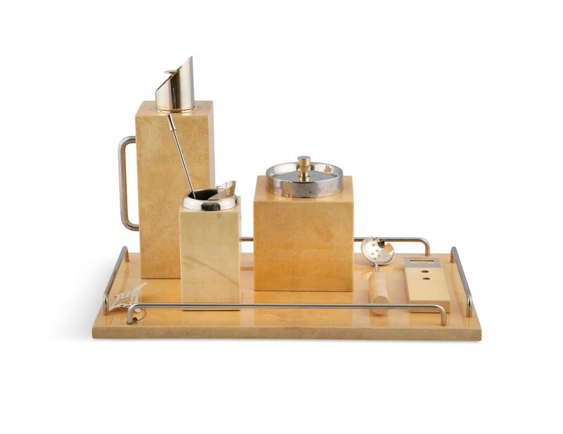 Complete cocktail set in parchment by Aldo Tura with original tags and maker's label, €2,950, Acquired