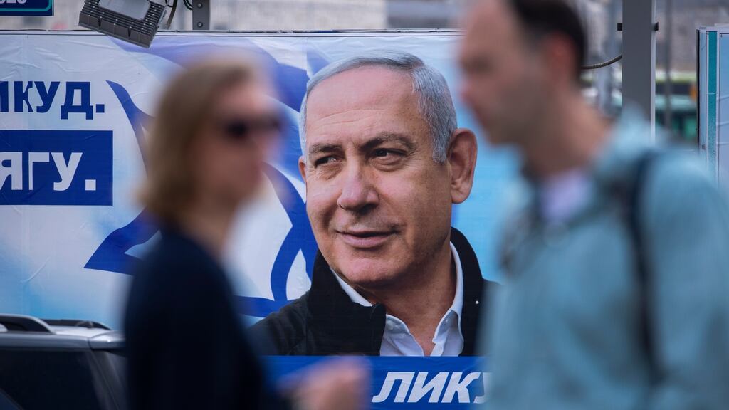 A billboard of Israeli prime minister Benjamin Netanyahu in an election campaign poster in Russian, in Jerusalem, on Friday. Israelis go to the polls in a general election next Tuesday. Photograph: Jim Hollander?EPA