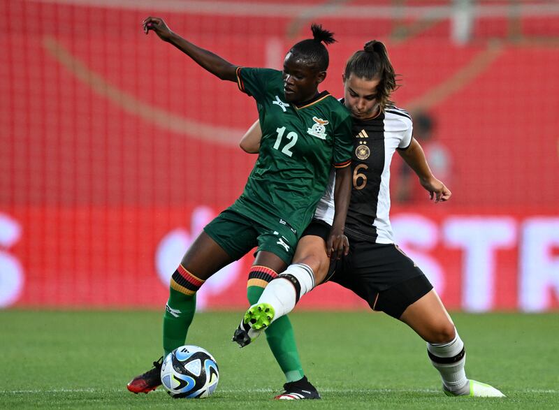 Zambia's midfielder Evarine Katongo holds off Germany's Lena Oberdorf during Zambia's friendly win on July 7th.. Photograph: Christof Stache/AFP via Getty Images
