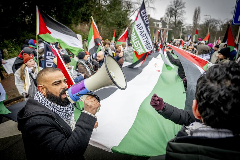 Palestinian sympathizers take part in a demonstration during a hearing at the International Court of Justice. Photograph: Robin Utrecht/ANP/AFP via Getty Images