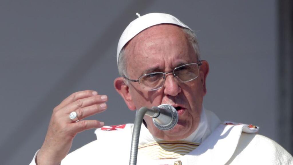 Pope Francis pictured during the feast-day Mass of Corpus Domini on the plains of the small town of Sibari in Calabria, Italy. Pope Francis concluded his one-day trip to the southern Italian region with strong words against the Calabrian mafia, calling it ‘adoration of evil and contempt for the common good’. Photograph: Franco Origlia/Getty Images
