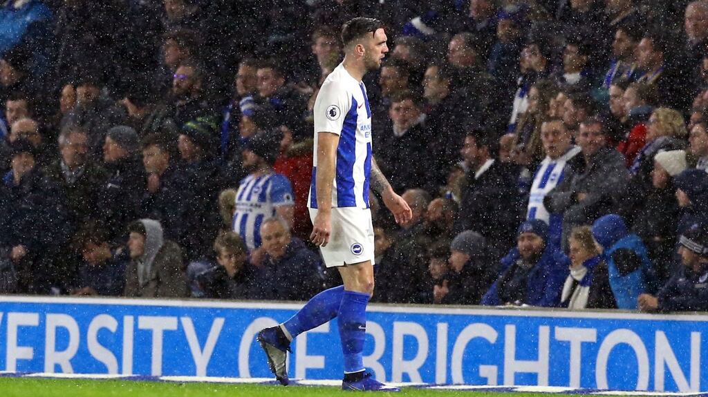 Brighton & Hove Albion’s Shane Duffy walks off the pitch after being shown a straight red against Crystal Palace. Photograph: Gareth Fuller/PA