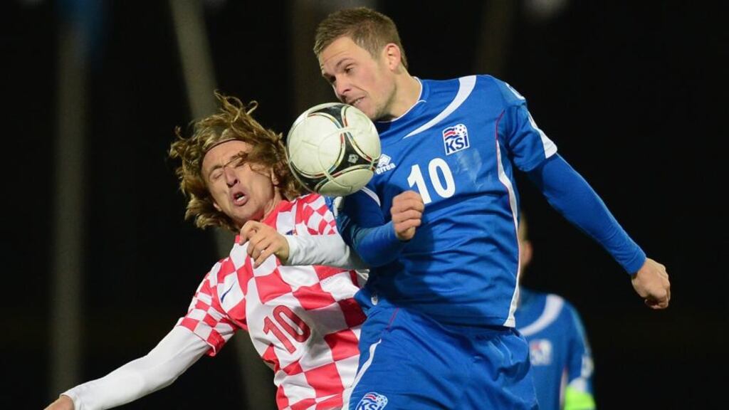 Gylfi SigurDsson of Iceland battles with Luka Modric of Croatia at the Laugardalsvollur stadium in Reykjavik, Iceland. Photograph: Jamie McDonald/Getty Images
