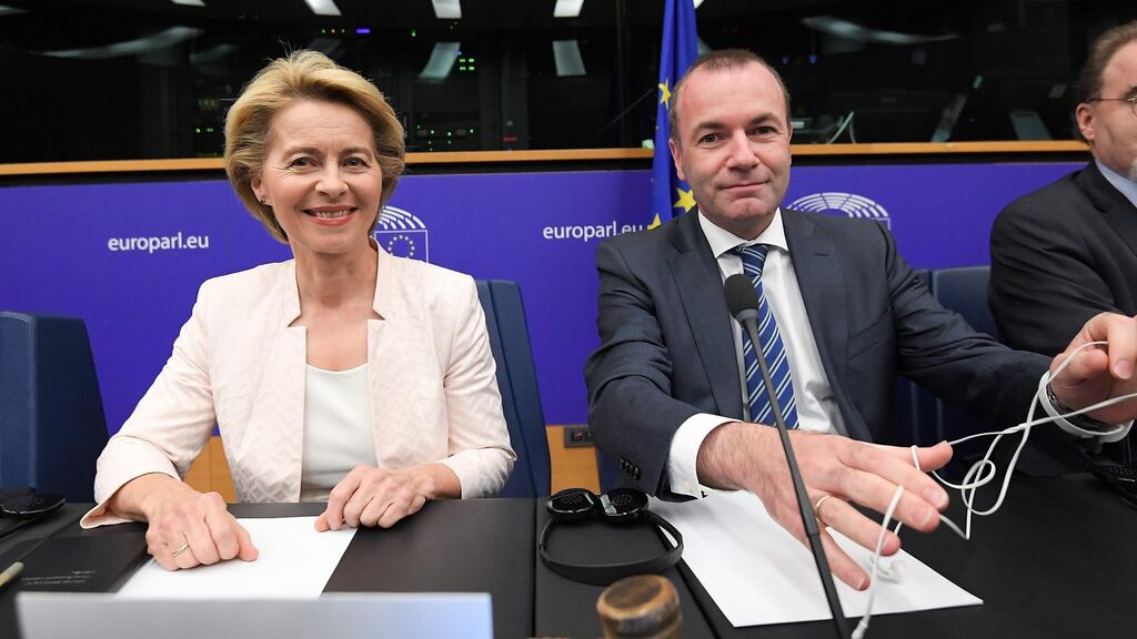 German defence minister Ursula von der Leyen, who has been nominated to be the next European Commission president, with Manfred Weber, who was a candidate for the job, at the European Parliament in Strasbourg on Wednesday. Photograph: Frederick FlorinAFP/Getty Images