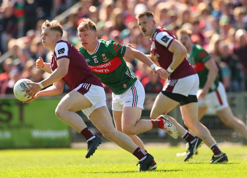Galway’s Johnny McGrath and Ryan O’Donoghue of Mayo. Photograph: James Crombie/Inpho