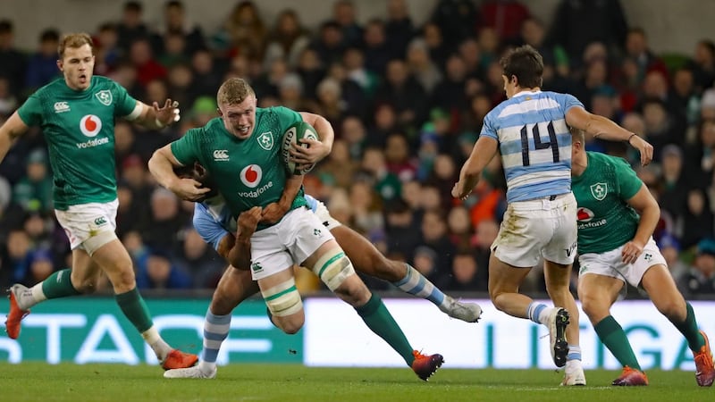 Ireland’s Dan Leavy on the ball during the autumn international against Argentina. Photograph: Niall Carson/PA Wireoctoring