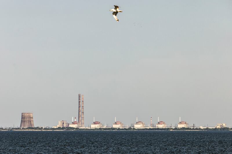 Across the Dnieper River, the Zaporizhzhia Nuclear Power Plant can be seen from Ukrainian-held territory near Nikopol. Photograph: David Guttenfelder/New York Times