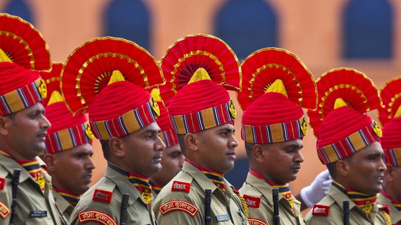 Indian Sashastra Seema Bal personnel taking part in the Independence Day celebration parade in Gauhati, India. Photograph: Anupam Nath/AP