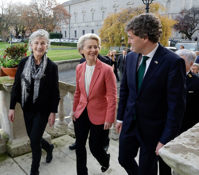 European Commission president Ursula von der Leyen (centre) with Mark Daly, Cathaoirleach of Seanad Eireann, and Catherine Connolly, then leas-cheann comhairle of the Dáil. Photograph: Maxwell
