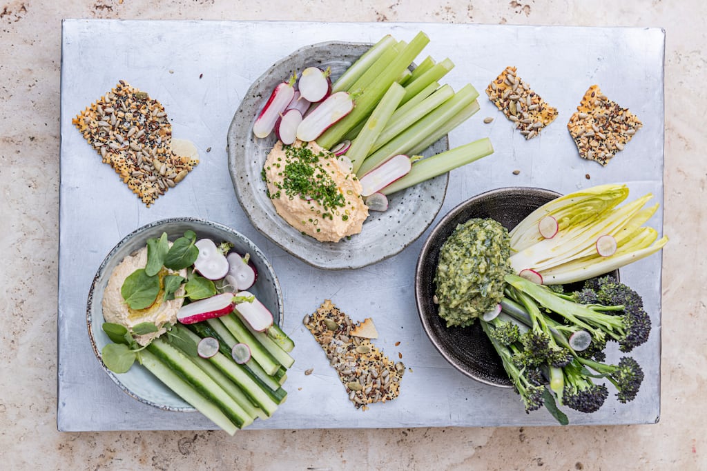 Five-seed crackers, crudités and dips. Photograph: Harry Weir