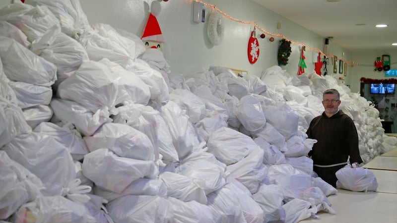 Brother Sean Donohoe with some of the food parcels ready for distribution from the Capuchin Centre on Dublin’s Bow Street on Friday.  Photograph Nick Bradshaw.