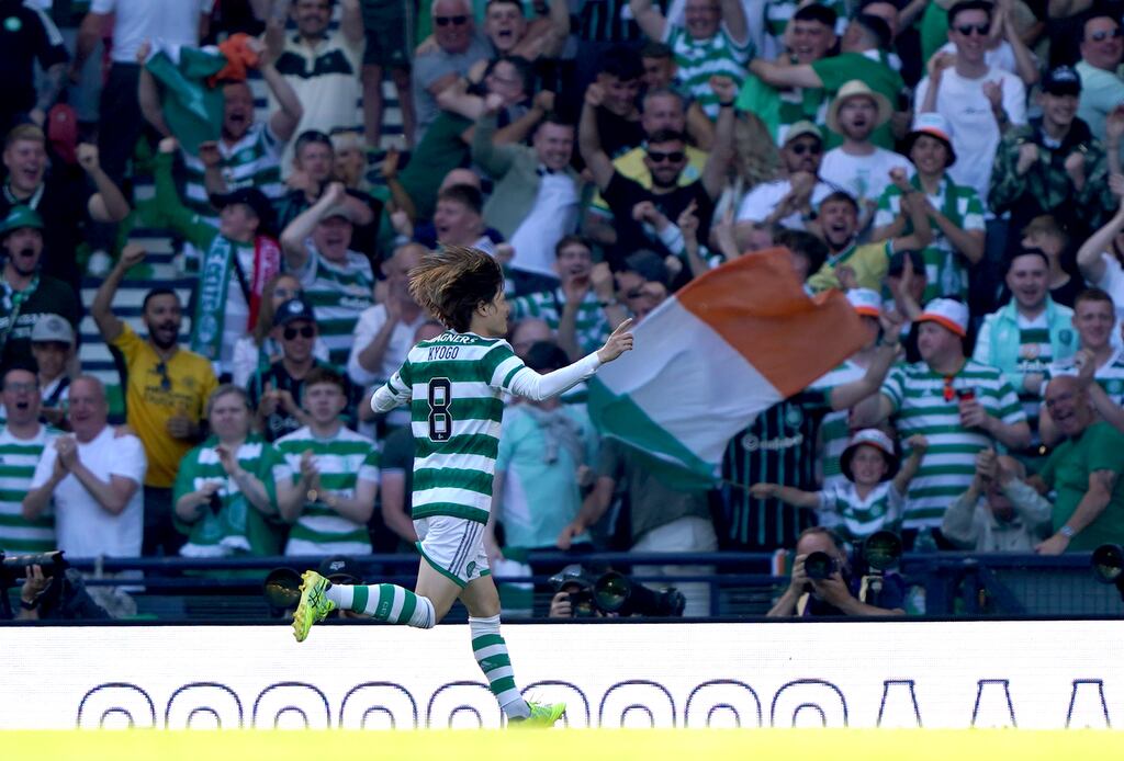 Celtic’s Kyogo Furuhashi celebrates scoring the opening goal during the Scottish Cup final against Inverness Caledonian Thistle at Hampden Park. Photograph: Andrew Milligan/PA Wire
