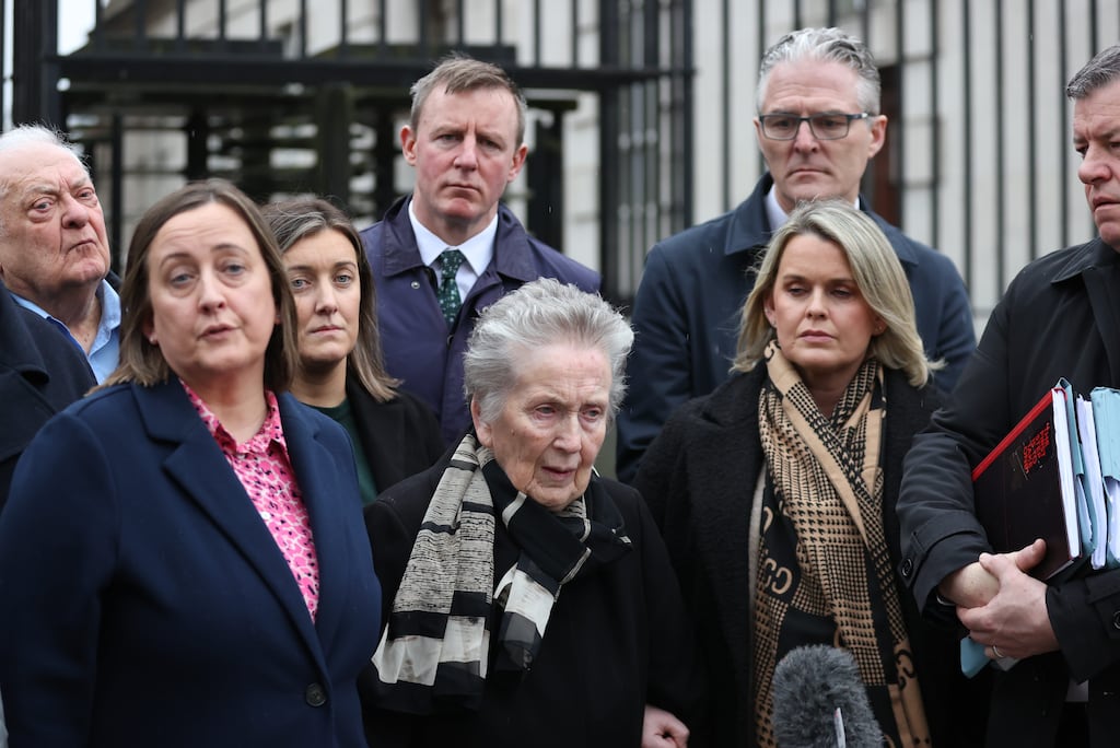 Bridie Brown (centre), the widow of Seán Brown, with daughters Siobhán Brown (left) and Claire Loughran (second right) outside the High Court in Belfast on Tuesday. Photograph: Liam McBurney/PA Wire