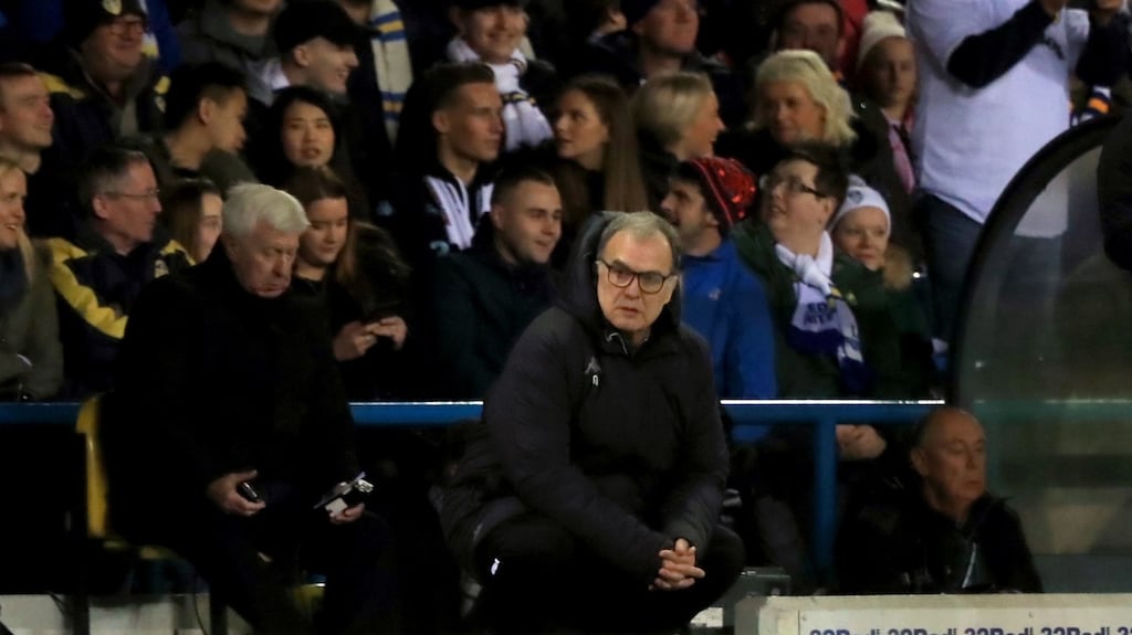 Leeds United manager Marcelo Bielsa watches on during the Championship match with Derby County. Photo: Simon Cooper/PA Wire