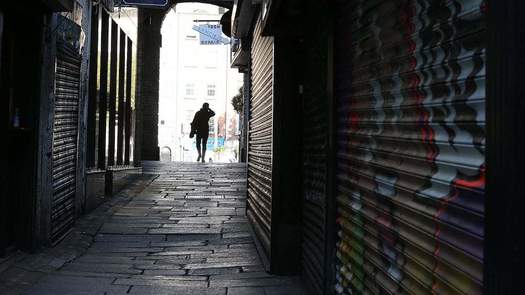 Dublin city centre in lockdown: “Each time there is a lockdown, fewer jobs will return after the reopening and fewer businesses will make it back. The floor level of unemployment will rise.” Photograph: Stephen Collins/Collins Photos