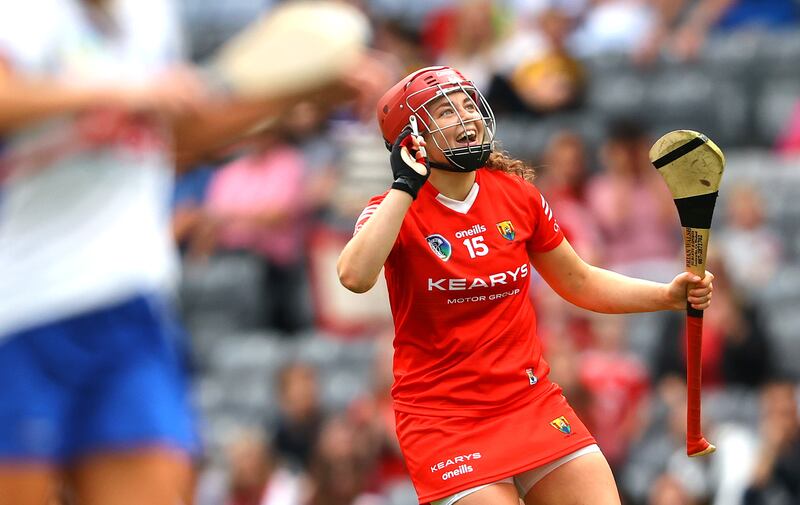 Cork’s Sorcha McCartan celebrates a late point during the All-Ireland semi-final against Waterford at Croke Park. Photograph: James Crombie/Inpho