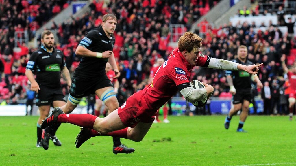 Rhys Patchell of Scarlets scores a try against Glasgow Warriors in their Guinness Pro14 clash at Parc y Scarlets on April 7th. Photograph: Alex Davidson