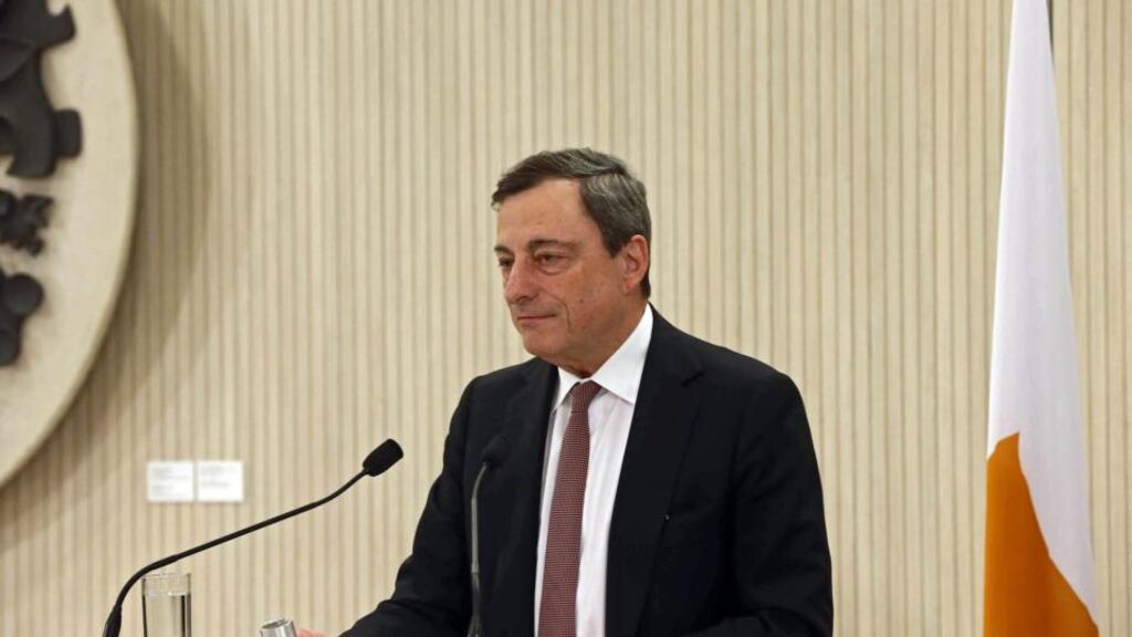European Central Bank President (ECB) Mario Draghi delivering a speech during an official dinner at the Presidential Palace in Nicosia, Cyprus on Wednesday. The ECB, meeting in Cyprus, is expected to keep rates on hold and probably lift growth forecasts to reflect a string of positive data surprises. (Photograph: EPA)