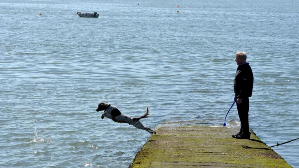 Warm weather is on the way. Pat Reilly from Clontarf plays fetch with his retriever Ollie on the seafront at Clontarf last month. Photograph: Alan Betson / The Irish Times