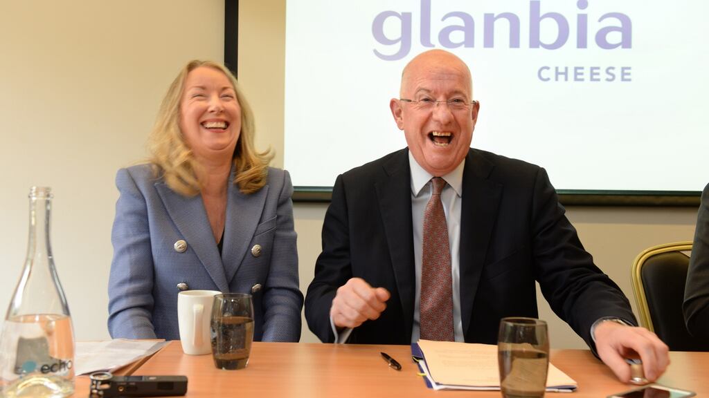 Minister for Justice Charlie Flanagan and Siobhán Talbot, Glanbia Group managing director, at the announcement of the new joint mozzarella facility in Portlaoise. Photograph: Dara Mac Dónaill