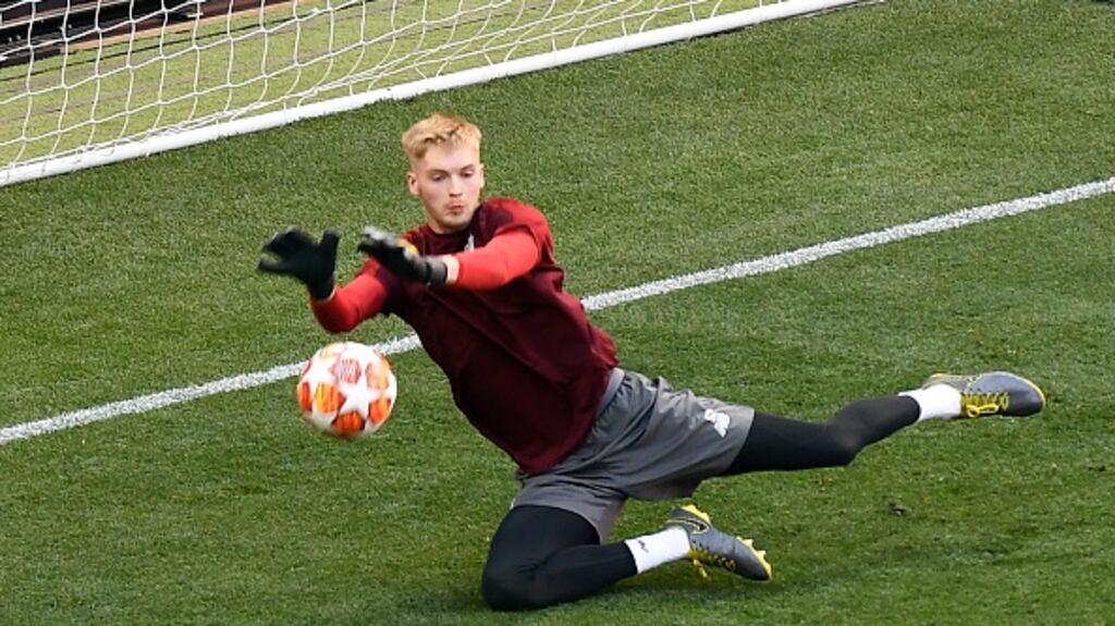 Liverpool’s Irish goalkeeper Caoimhin Kelleher warming up at the Wanda Metropolitano Stadium in Madrid ahead of the Champions League final. Photograph: Getty Images