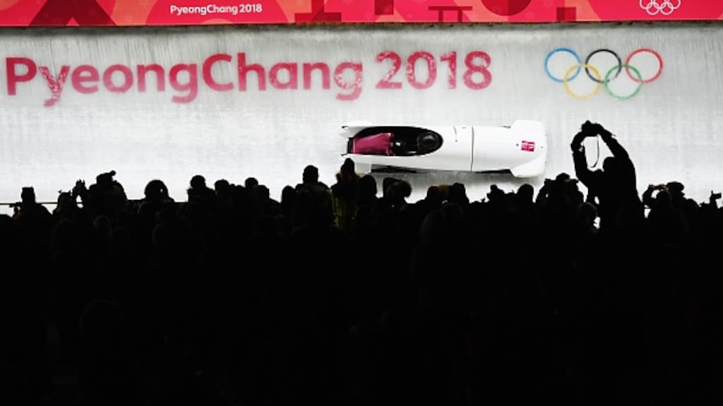 Nadezhda Sergeeva and Anastasia Kocherzhova during the women’s Bobsleigh heats. Photograph: Quinn Rooney/Getty Images