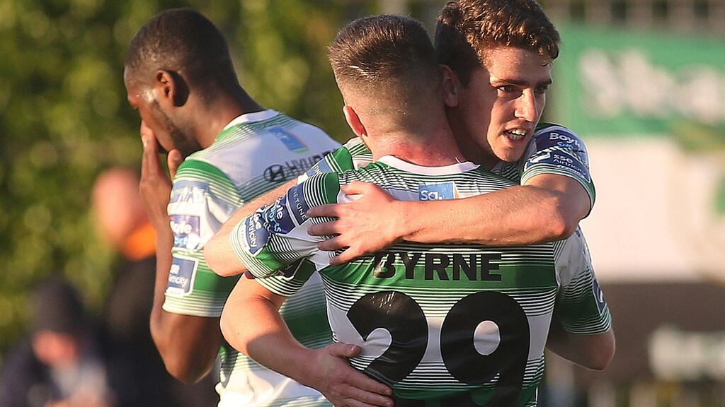Dylan Watts celebrates his penalty against Finn Harps. Photograph: Lorcan Doherty/Inpho