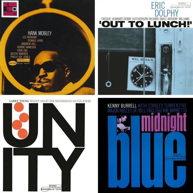 Blue Note covers: No Room for Squares, by Hank Mobley; Out to Lunch! by Eric Dolphy; Unity, by Larry Young; and Midnight Blue, by Kenny Burrell