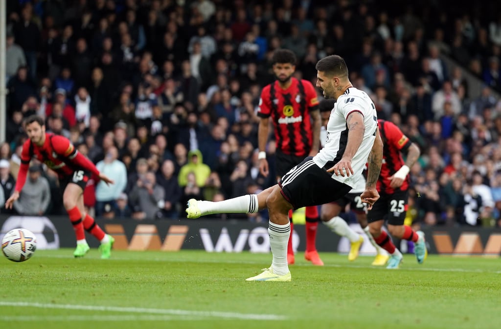 Fulham's Aleksandar Mitrovic scoring his sides second goal from the penalty spot to level against Bournemouth. Photograph: Adam Davy/PA Wire