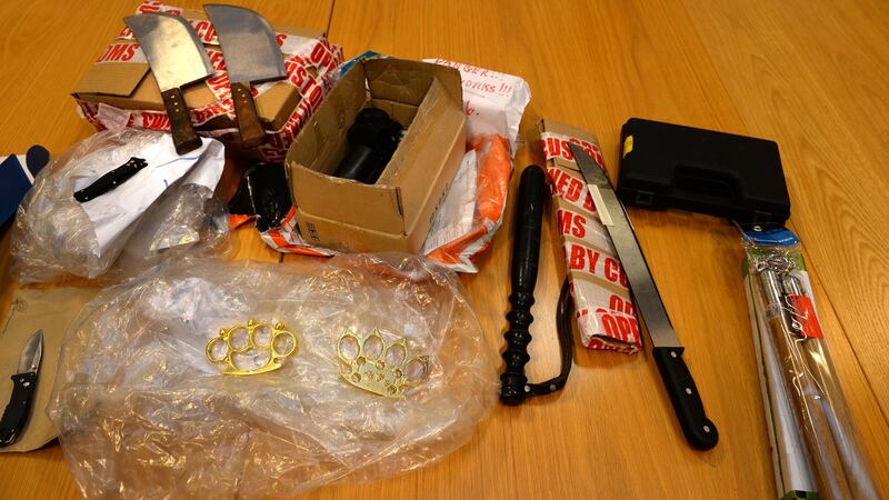 A sample of the  weapons found by customs officers at Dublin Airport. Photograph: Dara Mac Dónaill / The Irish Times
