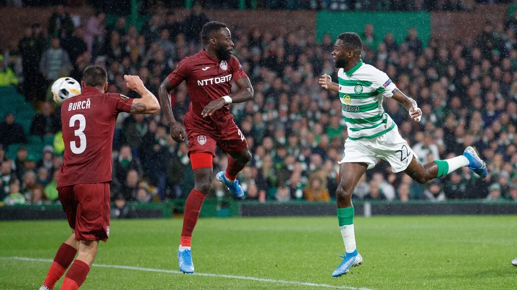 Odsonne Edouard of Celtic scores his team’s first goal during the Uefa Europa League win over Cluj. Photo: Steve Welsh/PA Wire