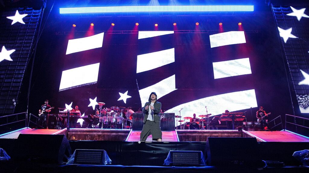 Eminem on stage at Slane Castle, Co Meath, on Saturday night. Photograph: MCD