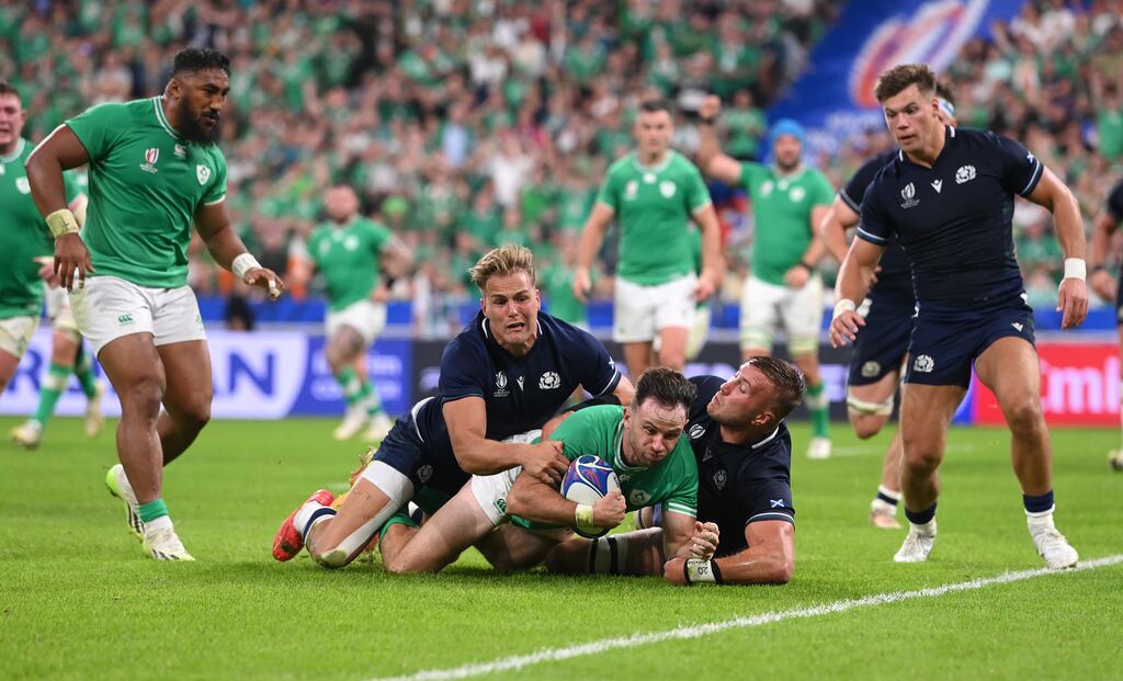 Hugo Keenan of Ireland goes over for Ireland's fourth try against Scotland on Saturday evening during the Rugby World Cup. Photograph: Stu Forster/Getty Images
