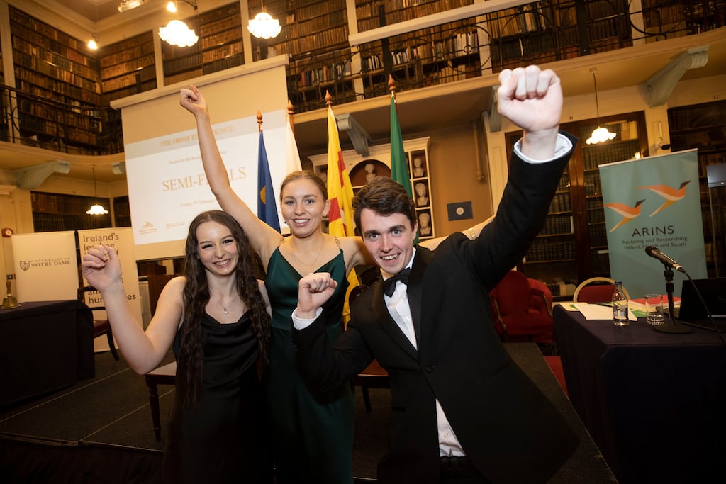 The winners of the final Irish Times Debate semi-final at the Royal Irish Academcy were UCD LawSoc's Laura Campion and Sara Rafter, and DCU Debating Society's Theo McDonald. Photograph: Tom Honan