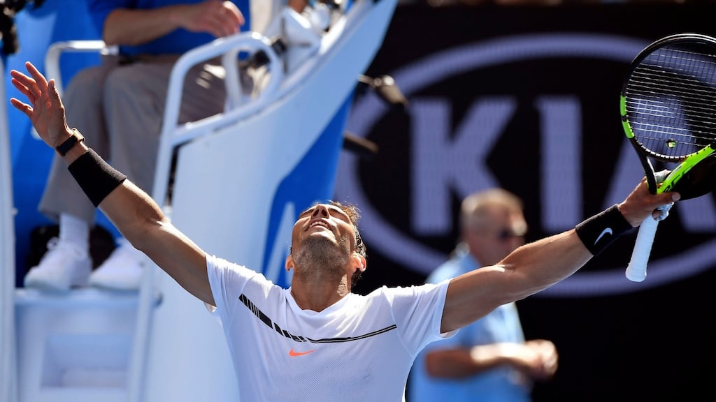 Spain’s Rafael Nadal celebrates his first round win over Germany’s Florian Mayer at the Australian Open. Photo: Andy Brownbill/PA