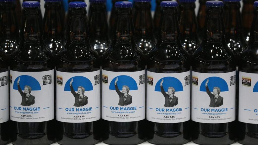 Bottles of Margaret Thatcher themed beer are for sale in the Central Hall Foyer of Manchester Central on the second day of the Conservative Party conference. Photograph:  Oli Scarff/Getty Images