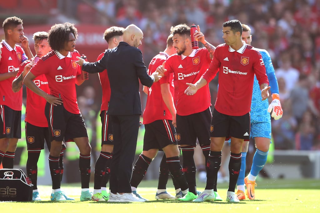 Manchester United manager Erik ten Hag in an exchange with Christiano Ronaldo during the pre-season friendly with Rayo Vallecano at Old Trafford. Photograph: Jan Kruger/Getty Images