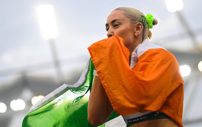 Orla Comerford celebrates winning gold at the 2025 World Para Athletics Championships in New Delhi, India. Photograph: INPHO/ TockoMackic