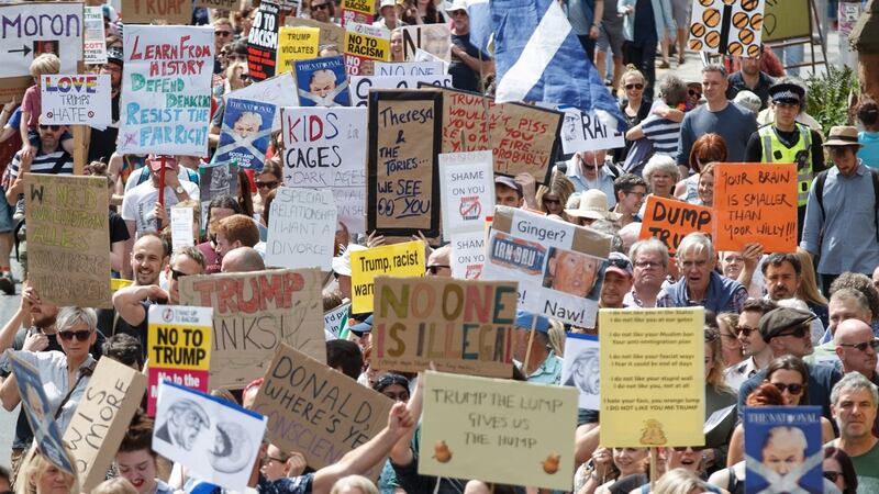 Demonstrators attend an anti-Trump protest march in Edinburgh, Scotland. Photograph: Robert Perry/EPA